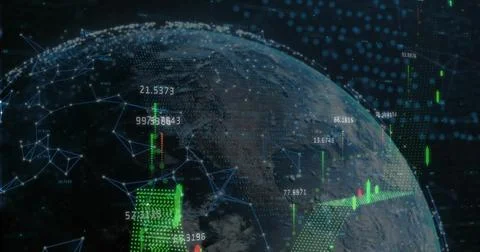 Orbiting Earth globe showing data labels in virtual outer space, with Stock Illustration