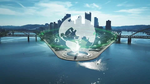Orbiting globe animation in front of city. Aerial drone shot, 3D computer Stock Footage 233139312