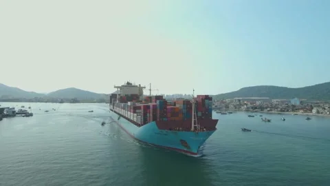 Orbiting a huge cargo ship filled with containers Stock Footage 225867587