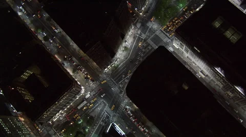 Orbiting over intersection of Broadway and Seventh Street in New York City at Stock Footage 59534319