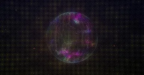 Orbiting particles and network lines circling wireframe sphere in abstract Stock Illustration