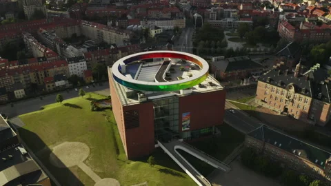 Orbiting Shot of Aros Museum's Rainbow Panorama and View of Aarhus Streets Stock-Footage 141491424