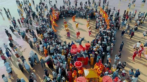 Orbiting shot: Cheo Ba Trao ritual team at Whale Festival, Vietnam Stock Footage 334452156