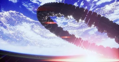 Orbiting space station highlights advanced tech and futuristic design Illustrazione stock