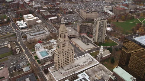 Orbiting Travelers Tower in downtown Hartford, Connecticut; Center Church and Stock Footage 59169015