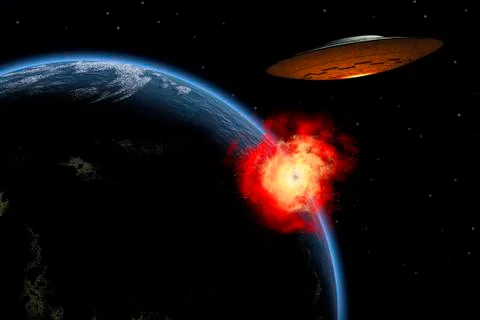 An orbiting UFO launches a deadly attack upon the surface of Earth. Stock Illustration