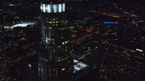 Orbiting the US Bank tower in Los Angeles at night. Shot in 2010. Stock Footage 59109085