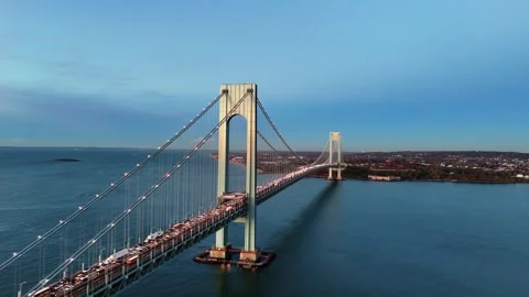 Orbiting Verrazzano Bridge Tower at Dawn, Brooklyn New York 4K 스톡 동영상 320798479