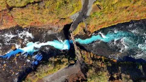 Orbiting View of Brúarfoss Waterfall and Turquoise River, Iceland Stock Footage 342271499