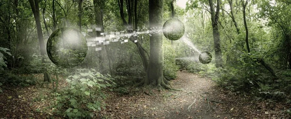 Orbs passing pixelated information in remote forest Stock Photos