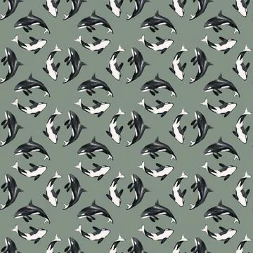 Orca and seal repeated pattern design in soft green for textile and wrapping Illustrazione stock