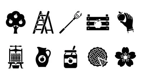 Orchard harvesting and apple processing icons for farm products and gardening Stock Illustration