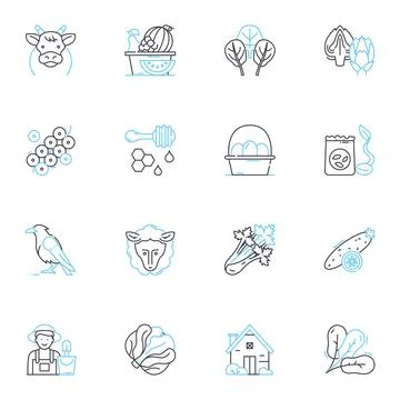 Orchard linear icons set. Apple, Harvest, Trees, Crop, Blossom, Fruit, Sunlight Stock Illustration