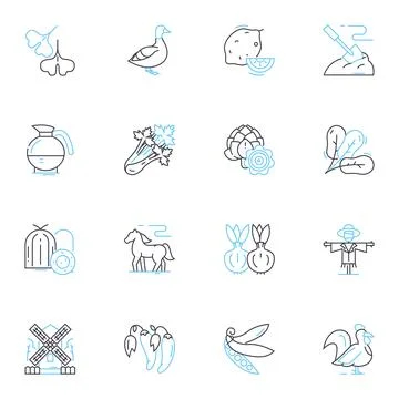 Orchard linear icons set. Apples, Blossoms, Harvest, Trees, Fruits, Leaves Illustrazione stock