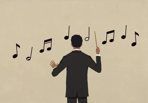 Orchestra conductor conducting music notes on beige background Stock Illustration