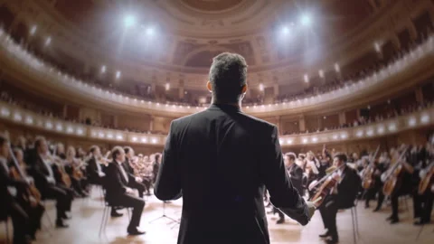 Orchestra Conductor Leading Symphony Performance In Grand Concert Hall Stock Footage 291889775
