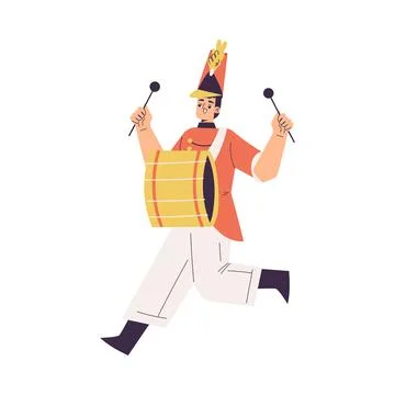 Orchestra with Marching Man Character in Red Uniform with Drum Vector Stock-Illustration