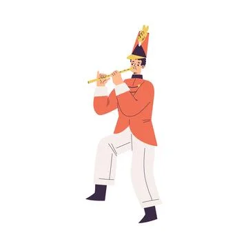 Orchestra with Marching Man Character in Red Uniform with Flute Vector Illustrazione stock