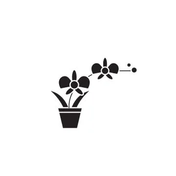 Orchid pot black vector concept icon. Orchid pot flat illustration, sign Stock Illustration
