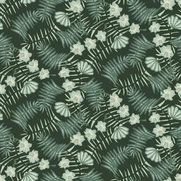 Orchids, leaves and shells seamless vector pattern イラスト素材