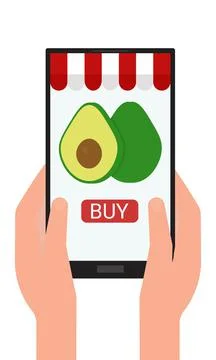 Order avocado through the app on your phone. Buying products online. Stock Illustration