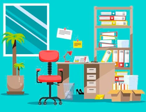Order on the desktop. Pile of paper documents and file folders in cardboard b Stock Illustration