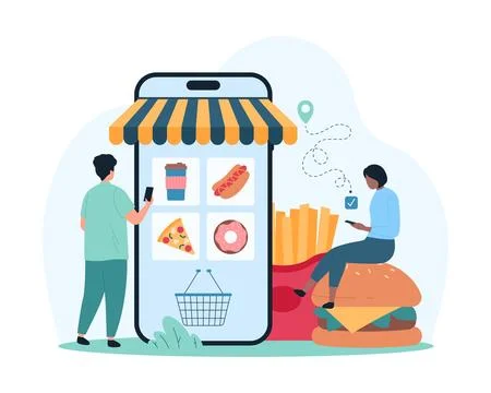 Order fast food in mobile app of restaurant or cafe, tiny people choose food or 스톡 일러스트