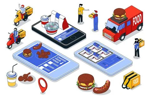 Order Food Isometric Elements Stock Illustration