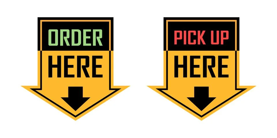 Order here and pick up here icon in flat style. Restaurant poster vector il.. Stock Illustration