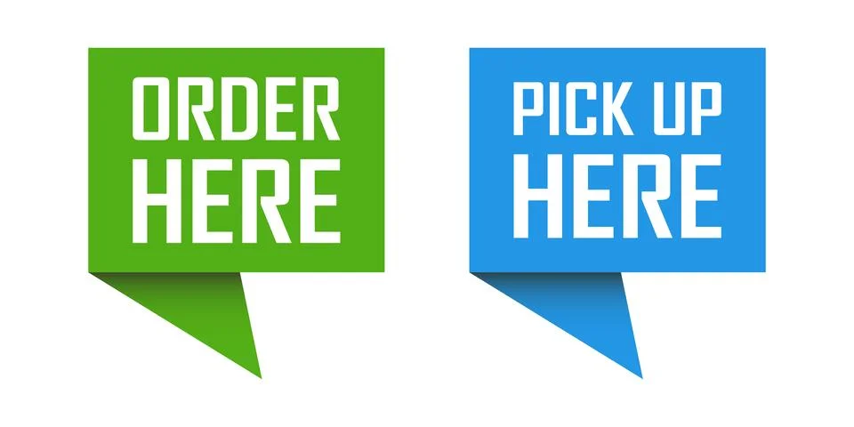 Order here and pick up here icon in flat style. Restaurant poster vector il.. Illustrazione stock