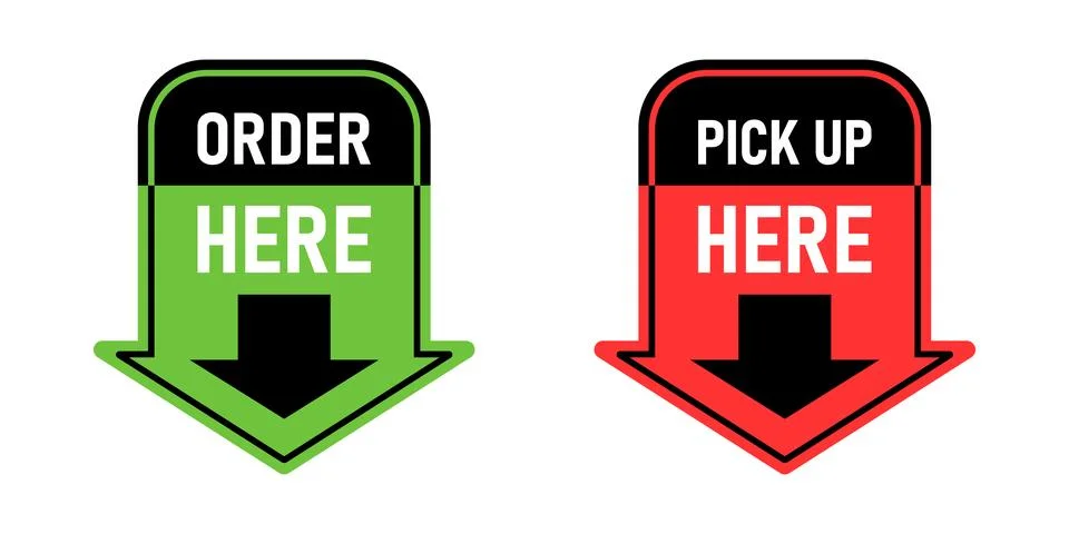 Order here and pick up here icon in flat style. Restaurant poster vector il.. Illustrazione stock