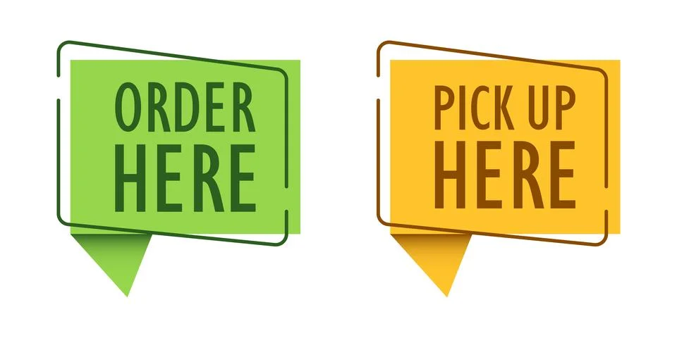 Order here and pick up here icon in flat style. Restaurant poster vector il.. Illustrazione stock