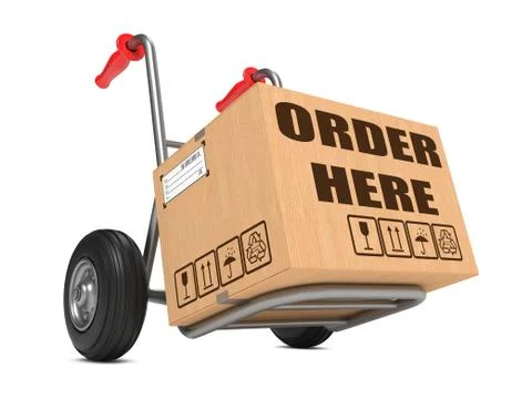 Order Here - Cardboard Box on Hand Truck. Stock Illustration