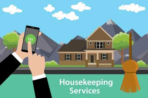 Order housekeeping services apps with smartphone on hand Stock Illustration