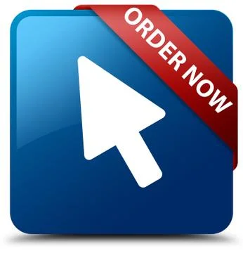 Order now (cursor icon) blue square button red ribbon in corner Stock Illustration