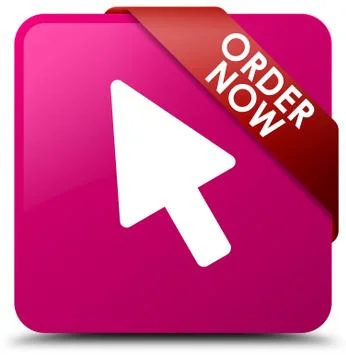 Order now pink square button red ribbon in corner Stock Illustration