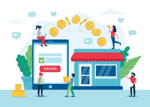 Order online concept, payment process with tablet. Small people characters Illustrazione stock