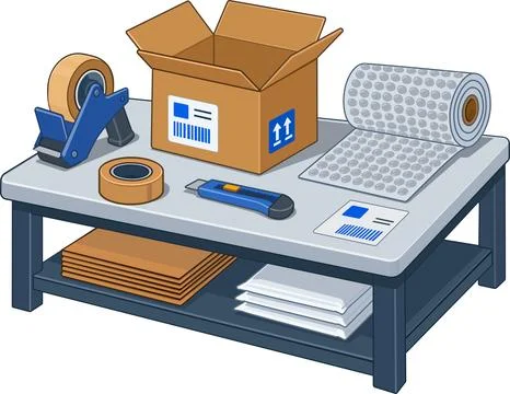 Order Packing Workstation for Ecommerce Fulfillment and Warehouse Logistics Stock Illustration