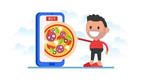Order pizza using smartphone. Order pizza online. Illustrazione stock