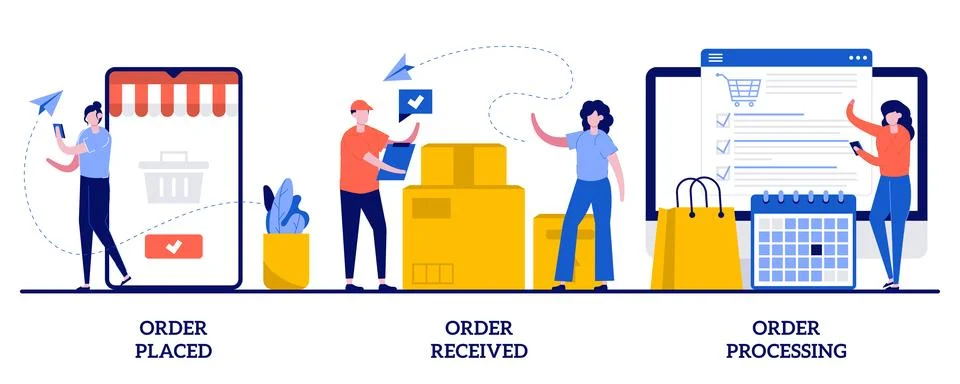 Order placed, received and processing concept with tiny people. E-commerce .. Stock Illustration
