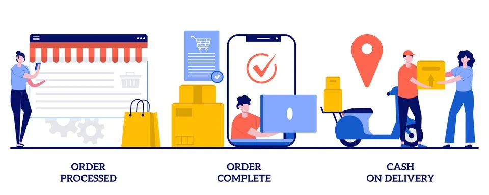 Order processed, order complete, cash on delivery concept with tiny people... Stock Illustration