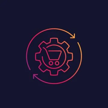 Order processing, shopping cart and cogwheel linear icon Stock Illustration