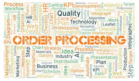 Order Processing typography word cloud create with the text only. Illustrazione stock