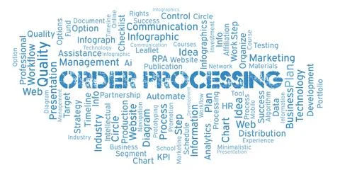Order Processing typography word cloud create with the text only. Illustrazione stock