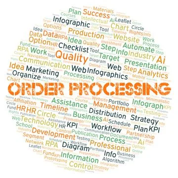 Order Processing typography word cloud create with the text only. Illustrazione stock