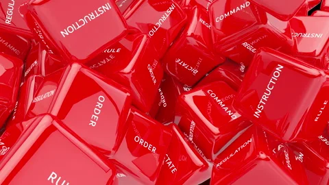 Order rule regulations instruction text on soft red boxes falling down. Stock Footage 265766033