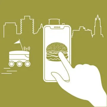 Order in smart phone app, delivery with robot. Illustrazione stock