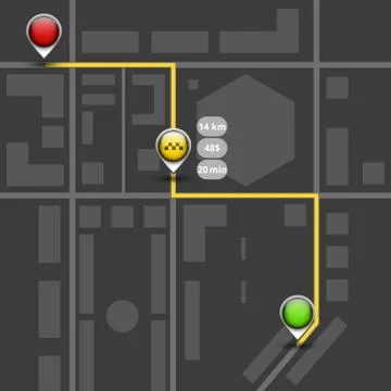 Order taxi using service, dark map mockup of route the city two red and green Illustrazione stock