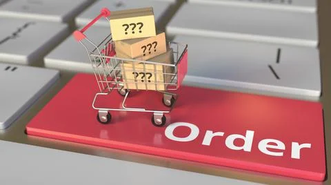 Order text on computer keyboard and boxes with question marks in small shopping Stock Illustration