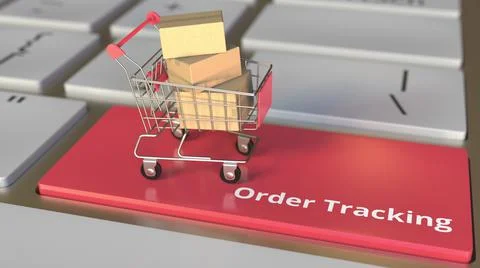 Order Tracking text on computer keyboard and boxes in small shopping cart Stock-Illustration